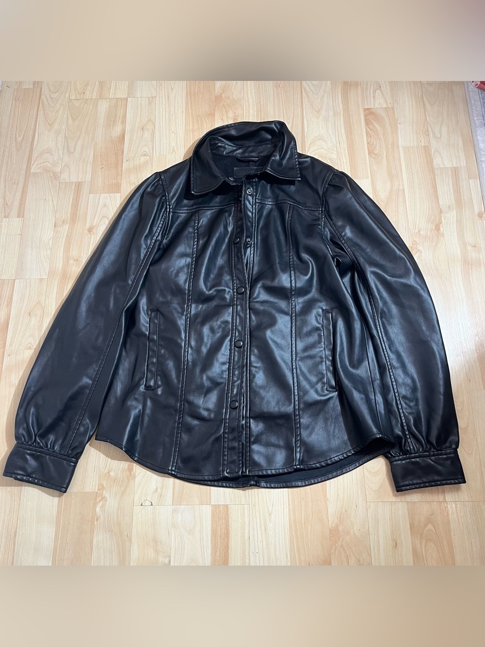 BlankNYC Sz M Black Vegan Faux Leather Collared Shacket Jacket Waxed Finish
